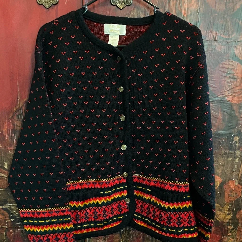 Tally Ho Black and Red Knit Cardigan - Picture 1 of 2